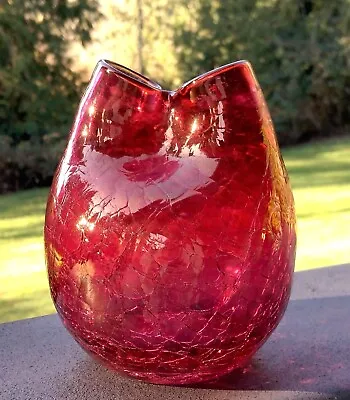 Buy Vintage Flashed Cranberry Crackle Glass Pinched Vase 5” Tall • 9.40£