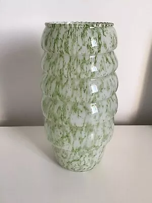 Buy Vintage Art Deco Green/White Mottled Glass Beehive Design Vase 20 Cm Tall • 15£