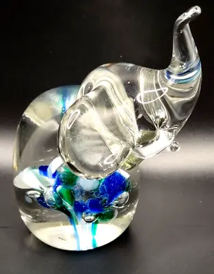 Buy Hand Blown Art Glass Blue Green Lucky Elephant Trunk Up Figurine Paperweight 4” • 9.47£