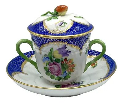 Buy Herend 1715 FLORAL PRINTEMPS Blue Fish Scale Border LIDDED SOUP CUP & SAUCER #4 • 181.37£