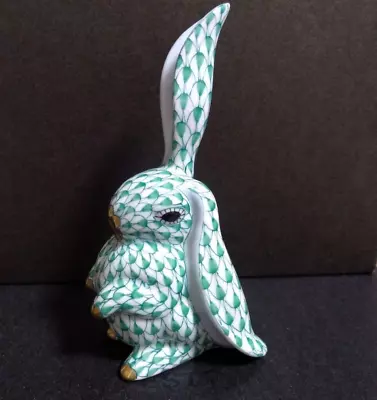 Buy HEREND Porcelain Figurine Bunny Rabbit One Ear Up  Rust Green Fishnet Ecaille • 190.50£