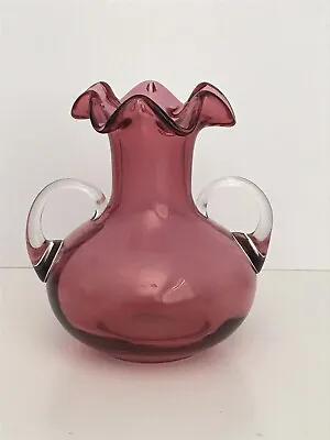 Buy Vintage Cranberry Glass Twin Handled Vase Flared Rim Bulbous Base Hand Blown • 25£