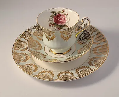 Buy Paragon Cabbage Rose Tea Cup Saucer Plate Set Light Green Gold Filigree England • 57.53£