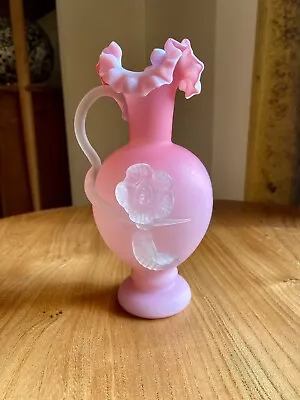Buy Stunning Victorian MOP Ruffle Neck Satin Pink Art Glass Jug Applied Flower Webb • 22.50£