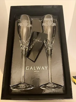 Buy Galway Crystal CLADDAGH Champagne Flutes; Pair NIB • 75.11£