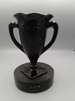 Buy Vintage Black Amethyst L.E. Smith Glass 2-Hndl Dancing Nymph Ruffle Rim Urn Vase • 48.02£