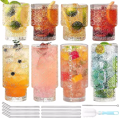 Buy MSYU Vintage Glassware Set Of 8, Stackable Glass Cups With Glass Straws, Embosse • 40.38£
