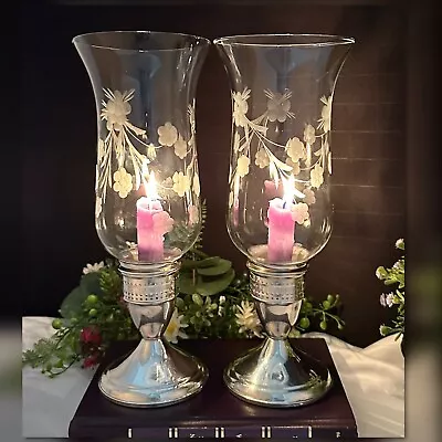 Buy Duchin Sterling Silver Candle Holders Vintage Glass Hurricane Etched Floral - 2 • 252.60£