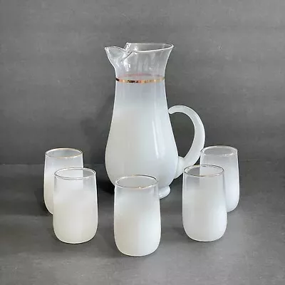 Buy West Virginia Glass Blendo Winter White Frosted Pitcher 5 Tumblers Vintage RARE • 93.34£