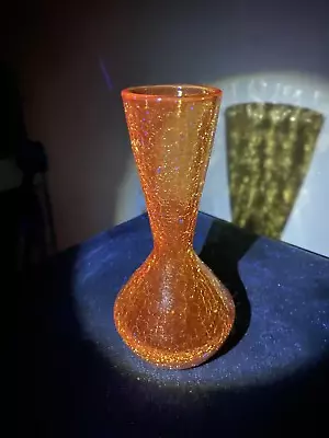 Buy VINTAGE UV REACTIVE Blenko Amber Crackle Glass Vase W/Funnel Top 7.5 H • 67.23£