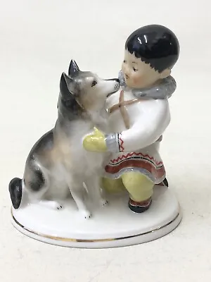Buy Vintage Lomonosov USSR Eskimo Yakut Boy & Husky Dog Figure 13.5cm Tall • 70£