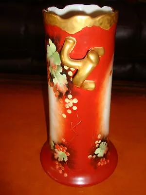 Buy Hand Painted Signed Unmarked Antique Vase, Red Berries & Gold, 9 1/2  • 114.30£