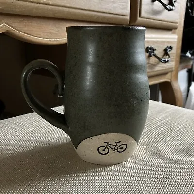 Buy Pottery Mug Signed Green Glaze/Natural Impressed Bicycle Image • 10£