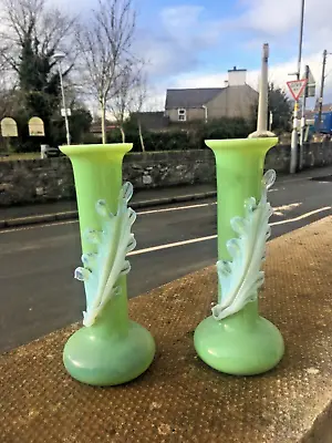 Buy Pair Of Antique 19th C Bohemian Applied Vaseline Leaf Jade Glass Bud Vases Czech • 120£