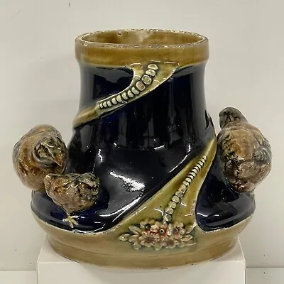Buy Antique Pottery Vase Art Nouveau Blue Applied Birds • 50£