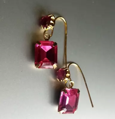 Buy Vintage Art Deco Style Hot Pink  Rhinestone Drop Earrings New Wires • 6.50£