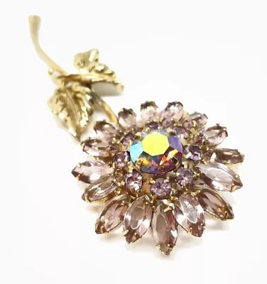 Buy Vintage AB Pink Bezel Glass Long Stem Flower Brooch Pin • 42.69£