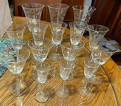 Buy Vintage 1940’s Set Mixed Sizes Of Etched Leaf & Ball Delicate Glass Stemware • 59.46£
