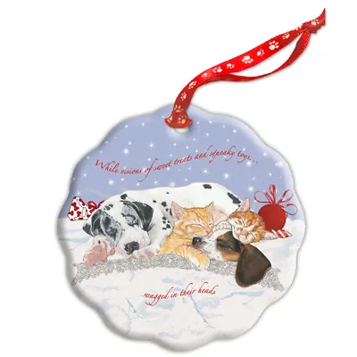 Buy Dog With Cat Napping Holiday Porcelain Christmas Tree Ornament • 18.27£