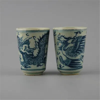 Buy Ming Dynasty Blue And White Porcelain Dragon And Phoenix Kung Fu Teacups Pair • 26.98£
