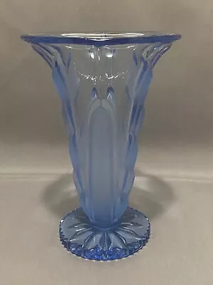 Buy Elegant Art Deco Blue Glass Vase Chevron And Frosted Sides  • 18£
