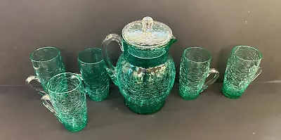 Buy RARE Morgantown Crackle Glass Lidded Pitcher With Set Of 5 Handled Glasses Blue • 118.12£