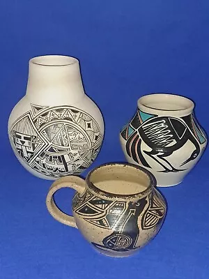 Buy Lot Of 3 Pcs Southwest Native American Art Pottery Signed • 37.95£