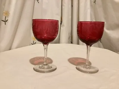 Buy Pair Cranberry Red Wine Glasses Etched With Ferns • 16£