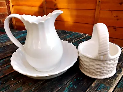 Buy Small White Ceramic Wash Bowl & Jug & Basket • 15.99£