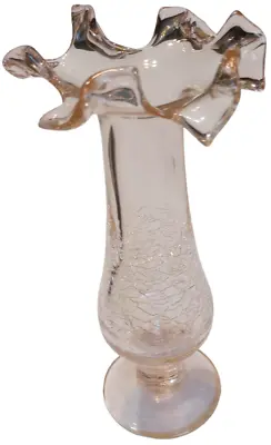 Buy Vintage 9  Bud Vase Hand Blown Crackle Glass Ruffle Top Pedestal Pink Rose Décor • 14.20£