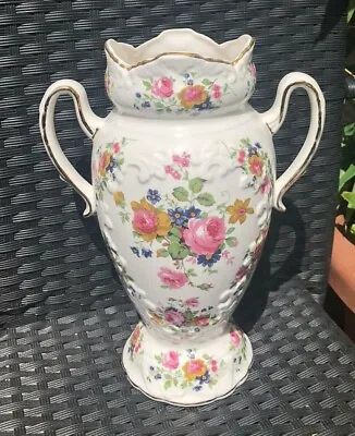 Buy Amphora Vase With Country Roses Pattern, Fenton Bone China With Roses & Gold Rim • 100£