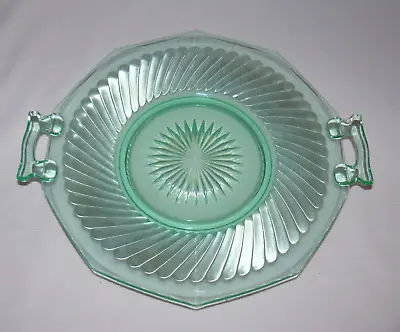Buy Green Glass Serving Plate 2 Handle Glows Under Blacklight Swirl Pattern • 45.36£