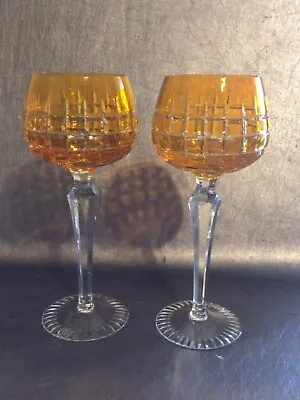 Buy Bohemian Cut To Clear Amber Wine Hock Crystal Glasses 7.5” Set Of 2 • 65.36£
