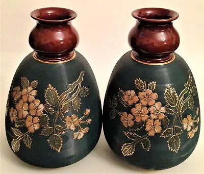 Buy Pair Lovatt Langley Mill Large Vases Blossom Design 1913 25cm Turquoise & Brown • 158£