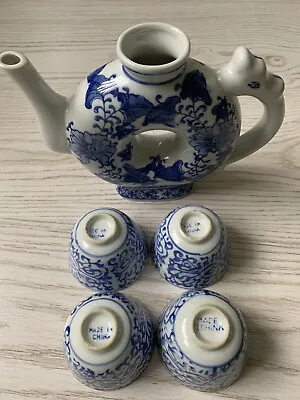 Buy Vintage Retro Unusual Doughnut Shape Blue And White Teapot And 4 Cups China • 14.99£