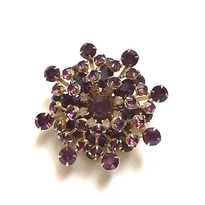 Buy Vintage Statement Brooch Pin Amethyst Glass Flower Burst Gold Tone Rivet Retro • 22.99£