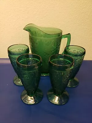 Buy Vintage Agua Marine Depression Glassware Pitcher With 4 Cups. Fast Shipping! • 36.45£