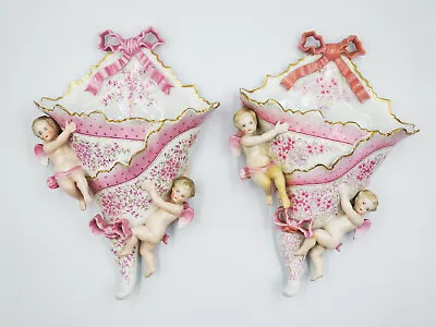 Buy Antique German Almost Pair Cherubs Angels Porcelain Wall Pockets Hangers • 195£