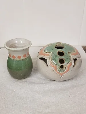 Buy Vintage Anne Hughes Scottish Studio Pottery Flowerstone + Posy Vase Green/Blush • 12£