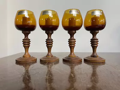 Buy Vintage Spanish Candle Holders, Amber Glass And Wooden Candle Holders • 29.95£