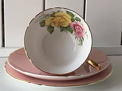 Buy Vintage Shelley Pink & Yellow Roses Footed Gold Handle Trio - Cup Saucer & Plate • 25£