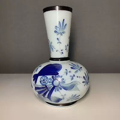 Buy Old Decorative Bohemian Opaline White Glass Enamelled Flower Blue Vase • 19.99£