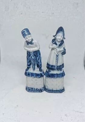 Buy 2 Antique Delftware Figurines  Couple With Umbrellas - White Blue Front • 12£