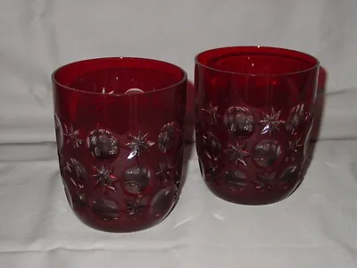 Buy 2 Old Fashioned Glasses Tumblers Ajka Ruby Red Cut To Clear 3 3/4  Sandwich MMA • 30.32£