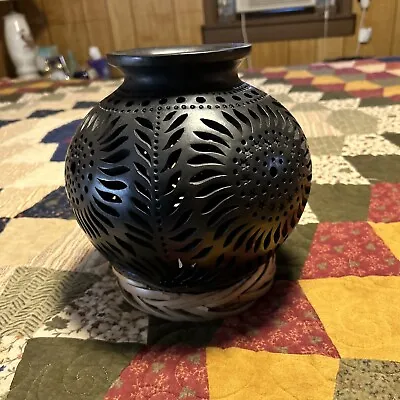 Buy Oaxacan Black Carved Barro Negro Pottery Approx 8” By 9” Vase Unique Shiny Clay • 36.99£