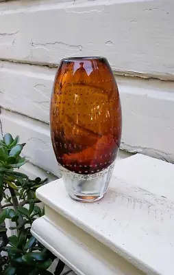 Buy Gorgeous Swedish Sommerso Bullicante Heavy Hand-Blown Amber Art Glass Vase • 130£