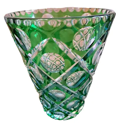 Buy Vintage Bohemian Green To Crystal Clear Cut Glass Vase 20 Cm Tall. • 55£