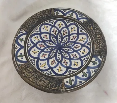 Buy Vintage Moroccan - Moorish  Hand Painted  Clay Bowl/Dish W/ Brass Embellishment • 20.05£