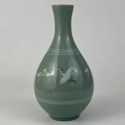 Buy Vintage Korean Porcelain Celadon Glaze Signed Stem Vase Clouds & Cranes 6.2cm • 50£