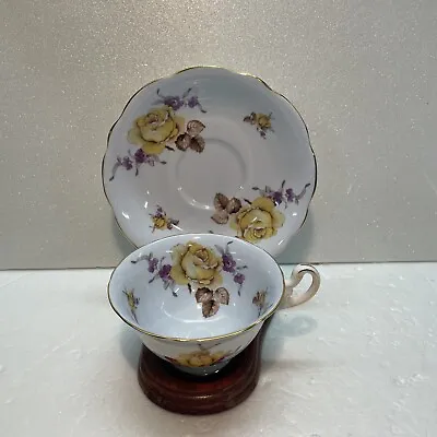 Buy EB Foley 1850 Fine Bone China Teacup & Saucer Pale Blue White W/ Yellow Roses • 23.87£